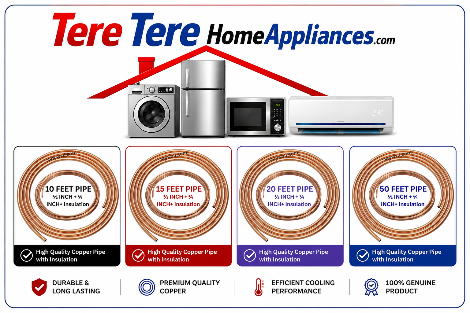 AC Copper Pipe Kit 1/2 inch & 1/4 inch with Insulation | Seamless Pure Copper Malaysia Grade | Heavy Duty Tubing for Air Conditioner Installation, High Efficiency Cooling